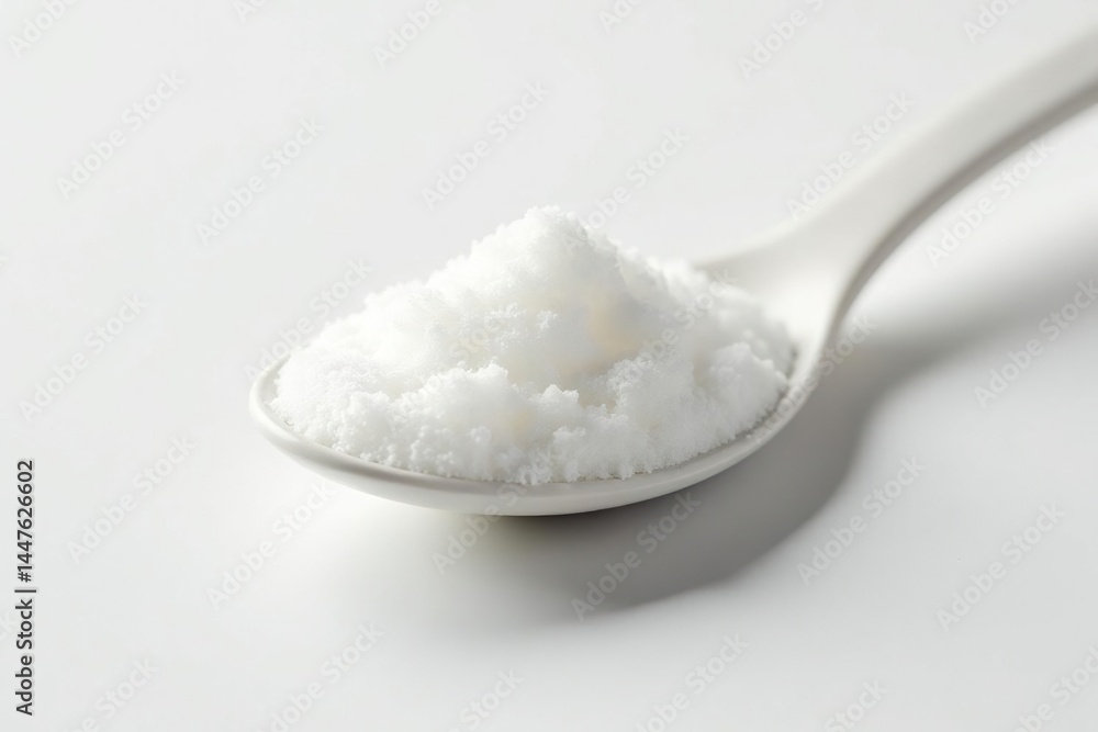 Spoonful of white sugar against white backdrop, white, isolated, glossy Spoonful of white sugar against white backdrop, white, isolated, glossy