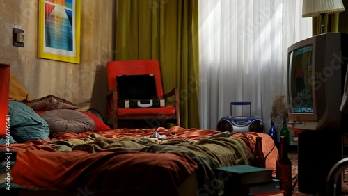 Cozy Vintage Bedroom with Retro Decor and Old Television