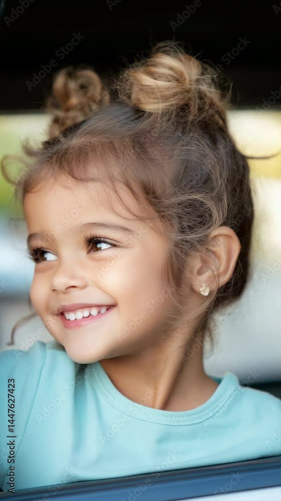 A young girl with long hair and a green shirt is smiling and looking out the window of a car A young girl with long hair and a green shirt is smiling and looking out the window of a car