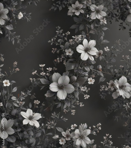 Subtle charcoal floral wallpaper with tiny blossoms and leaves , botanical, wallpaper, image