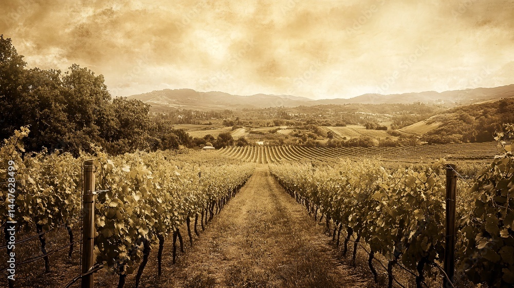 Fototapeta premium Warm Sepia Tones Evoke Nostalgia in Picturesque Vineyard Setting
