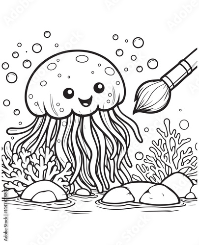 Coloring book jellyfish being painted with a large brush underwater among coral and bubbles