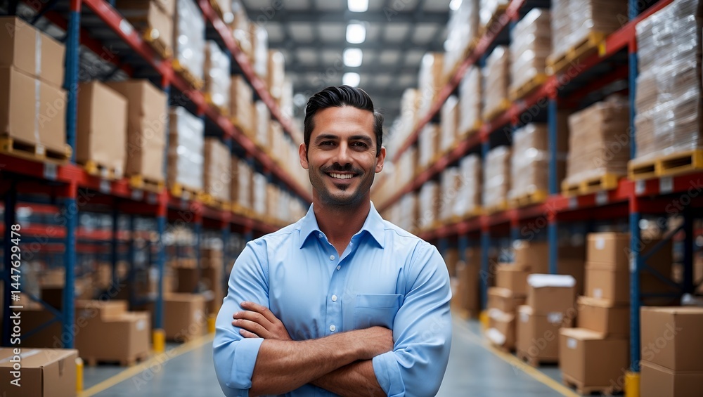 Confident male supervisor smiling in warehouse setting Confident male supervisor smiling in warehouse setting
