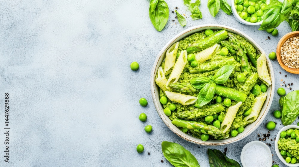 Obraz premium Green Pasta Delight: A vibrant composition of fresh penne pasta tossed with lush green vegetables, showcasing culinary art and healthy eating.
