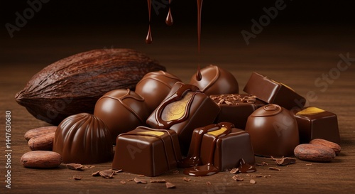 Close-up of assorted gourmet chocolates on a rustic wooden table, with cocoa beans and melted chocolate drips