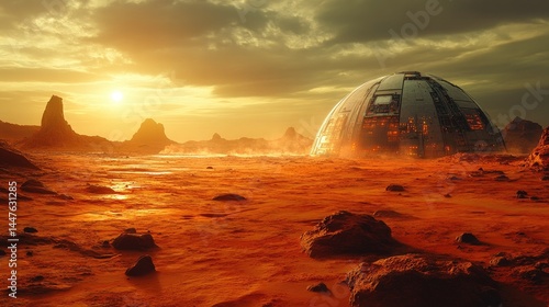 Futuristic colony domes on the surface of Mars during sunset with dramatic red landscapes and alien structures