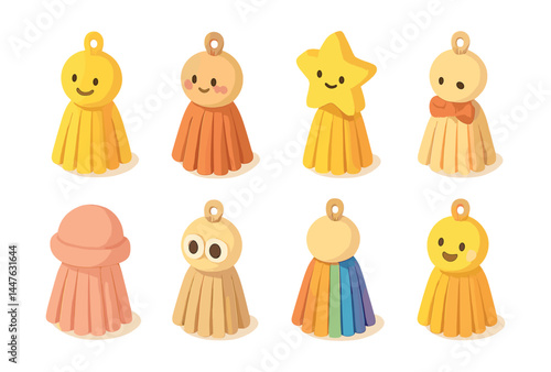 Adorable tassel icon set – smiley, star, bow, rainbow, pastel, eyes, tassels