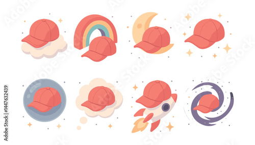 Dream adventure cap icons set – cloud, moon, rainbow, space, rocket, swirl