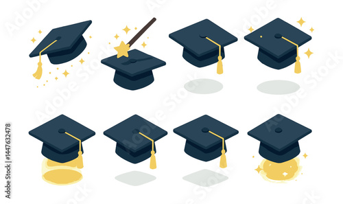 Magical graduation caps icons set – sparkle, wand, tassel, glowing, floating