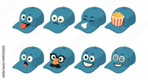 Playful caps icons set – tongue, surprised, smiling, popcorn, disguise, cheerful, confused