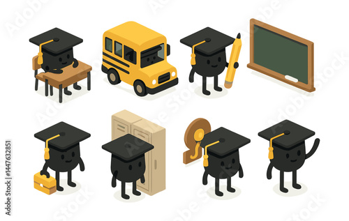 Graduation journey icons set – cap, diploma, school, bus, pencil, chalkboard