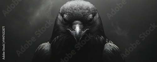Close up shot of a dark raven with a strong beak, looking directly at the camera in grayscale