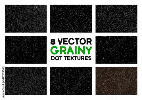 Collection of 8 vector grainy dot textures. Samples show varied densities of white dots on dark backgrounds, creating stipple/noise effects. Scalable graphic elements.