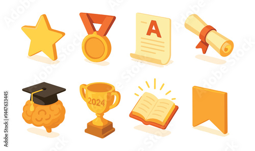 Academic achievement icons set – medal, diploma, trophy, graduation cap, brain, book, star