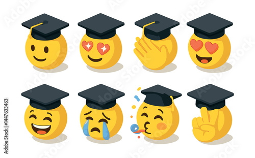 Graduation emoji collection – cap, smiley, heart, clap, happy, sad, wink, peace, tears, love
