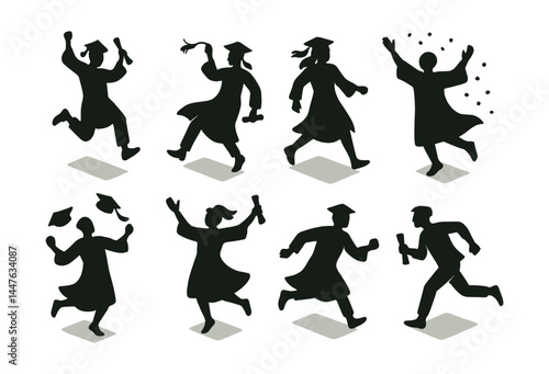 Graduation celebration icons set – cap, diploma, jumping, joy, ceremony, dance, success, achievement, party