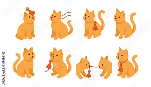 Cat with tassel icon set – playful, tassel, feline, charm, expression, cute, whiskers
