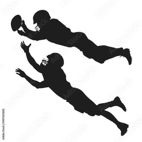 Silhouette of two American football players in dynamic action catching ball, isolated on white background, sports motion, teamwork, competition