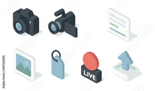 Content creation icons set – camera, video, document, image, tag, live, upload