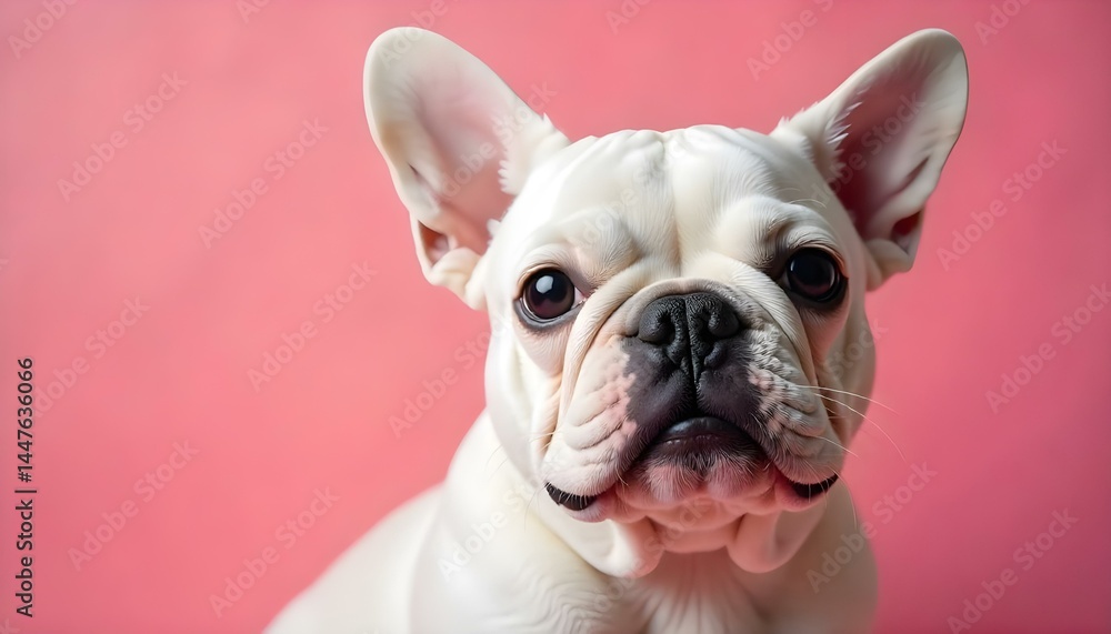 white french bulldog with red heart on muzzle and black nose on pink background white french bulldog with red heart on muzzle and black nose on pink background