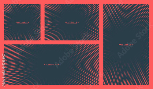 Dynamic halftone spin texture collection featuring bold dotted rotation effects in various aspect ratios: square, wide, vertical and ultra wide formats. Modern graphic set for design, posters and web