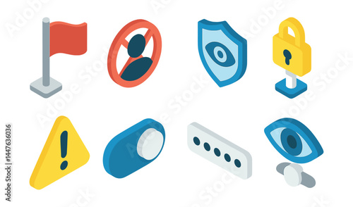 Privacy and safety icons set – lock, shield, eye, user, alert, flag, toggle