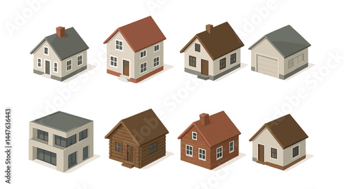 Isometric home icons set – modern, classic, garage, cabin, brick, roof, windows, chimney, door