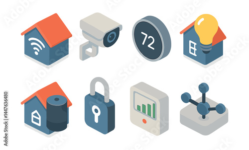 Smart home technology icons set – security, camera, thermostat, light, lock, hub