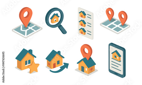 Isometric housing icons set – home, location, map, listing, search, mobile, star