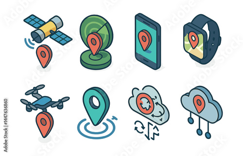 Advanced navigation and location icons set – satellite, gps, smartphone, smartwatch, drone, map