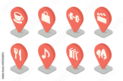 City activity icons set – coffee, shopping, fitness, cinema, dining, music, reading, park