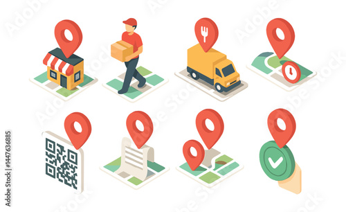 Isometric delivery icons set – package, truck, location, qr code, map, checkmark, courier, shop