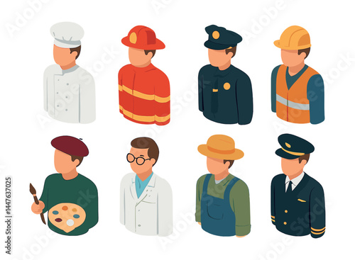 Professional occupations icons set – chef, firefighter, police, construction, artist, scientist, farmer, pilot