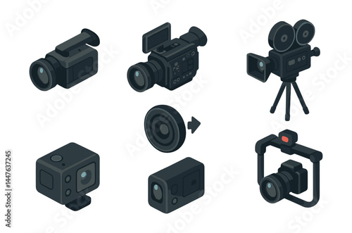 Isometric video camera icons set – camcorder, cinema, action, lens, tripod, recording, film, digital
