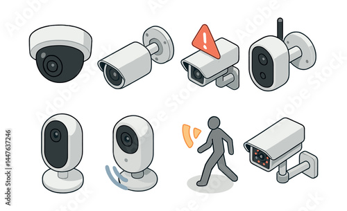 Isometric security camera icons set – dome, bullet, alert, motion, indoor, outdoor, surveillance