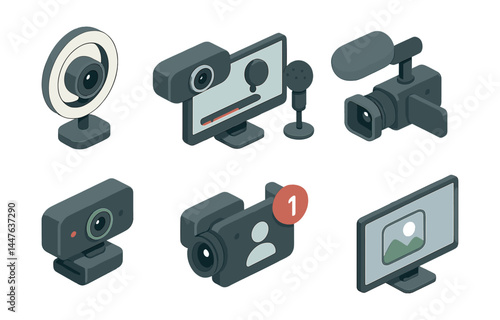 Isometric streaming camera icons set – webcam, microphone, display, camcorder, notification