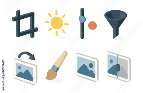 Essential photo editing icons set – crop, brightness, adjust, filter, rotate, brush, gallery
