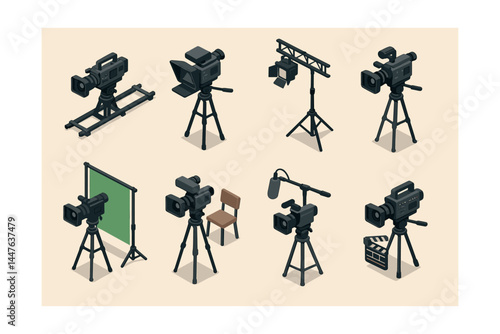 Professional studio equipment icons set – camera, tripod, microphone, lighting, clapperboard