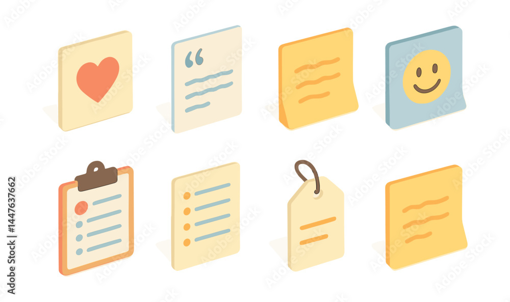Inspirational note icons set – heart, quote, note, smile, checklist, bullet, tag, compose Inspirational note icons set – heart, quote, note, smile, checklist, bullet, tag, compose