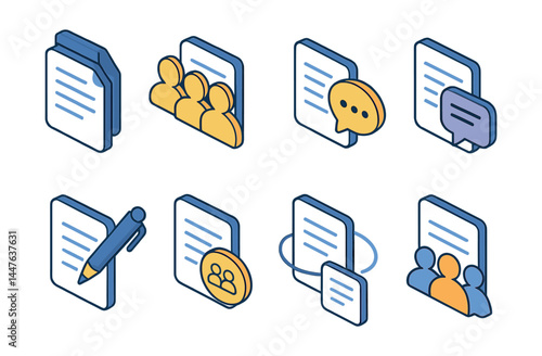 Collaborative note icons set – documents, chat, group, pencil, conversation, network