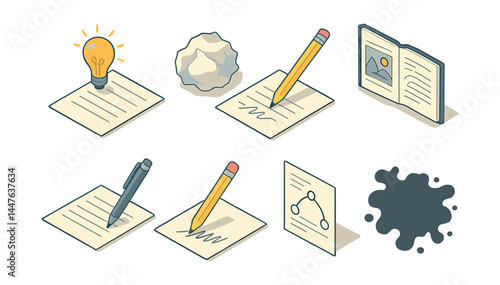 Creative writing icons set – pencil, pen, lightbulb, paper, book, crumpled, idea, note