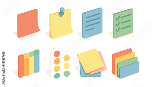 Colorful isometric notes icon set – sticky, checklist, pushpin, memo, tabs, folder