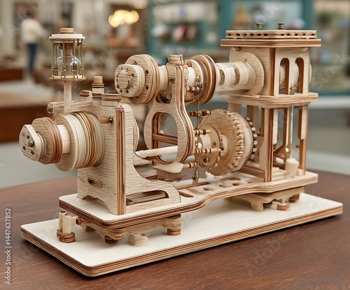 A complex model made of wood and glass sits on a wooden surface. The model has several rotating components and an hourglass.