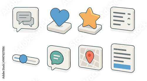 Isometric interactive icons set – chat, heart, star, menu, slider, speech, map, list