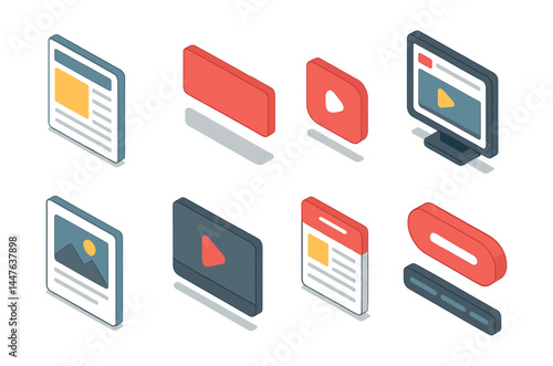 Isometric news media icons set – article, broadcast, video, monitor, image, interface, button