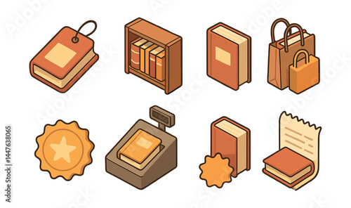 Isometric bookstore icons set – bookshelf, tags, bags, checkout, receipt, badge