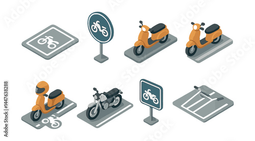 Motorcycle parking icons set – scooter, motorbike, signage, helmet, parking area, safety, urban