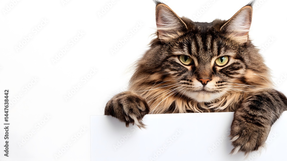 An adorable fluffy Maine Coon cat with captivating golden eyes charmingly poses with its paws resting on a blank white card against a pure white background perfect for your design An adorable fluffy Maine Coon cat with captivating golden eyes charmingly poses with its paws resting on a blank white card against a pure white background perfect for your design