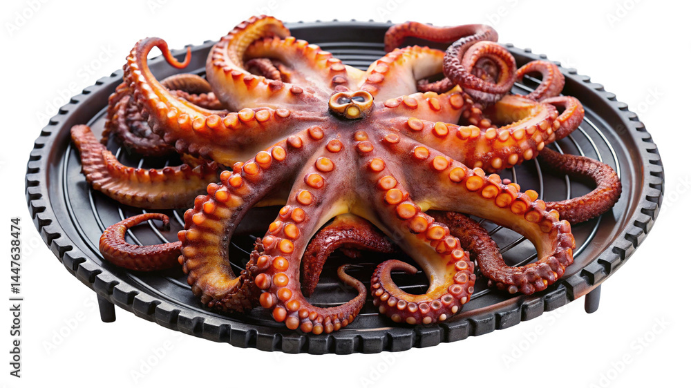 Obraz premium Grilled Octopus on a Serving Tray Presentation Against a Black Background