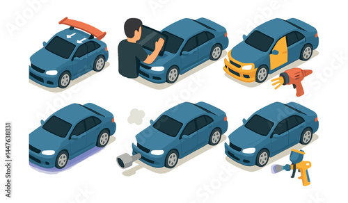 Vehicle customization icons set – tinting, spoiler, painting, wrap, exhaust, detailing, repair, upgrade